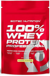 Scitec Nutrition 100% Whey Protein Professional banana flavored protein powder bag with added amino acids.
